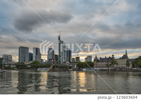 Frankfurt Germany, sunset city skyline at Main River and business skyscraper Frankfurt Germany, sunset city skyline at Main River and business skyscraper 123603604
