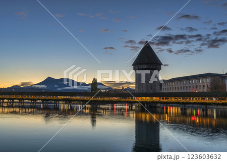 Lucerne (Luzern) Switzerland sunrise city skyline at Chapel Bridge Lucerne (Luzern) Switzerland sunrise city skyline at Chapel Bridge 123603632