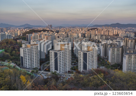 Seoul South Korea city skyline at Geumho District view from Maebong Mountain Park in autumn 123603654