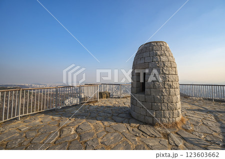 Seoul South Korea city skyline at Muaksan East Beacon Mound view from Ansan mountain peak 123603662