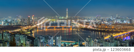 Seoul South Korea panorama city skyline night at Han River view from Maebong Mountain Park in autumn 123603668