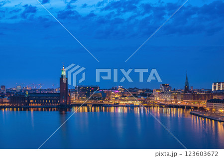 Stockholm Sweden, night city skyline at Stockholm City Hall and Gamla Stan Stockholm Sweden, night city skyline at Stockholm City Hall and Gamla Stan 123603672