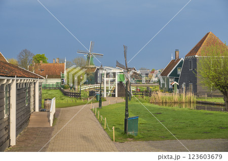 Dutch Windmill and traditional house at Zaanse Schans Village, Amsterdam Netherlands 123603679