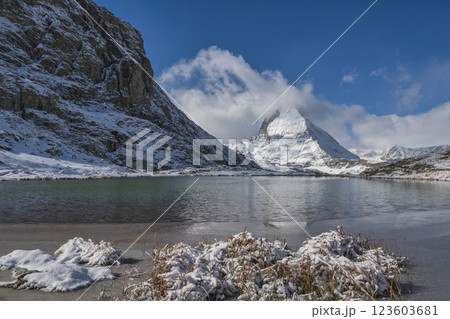 Zermatt Switzerland nature landscape at Matterhorn mountain peak and Riffelsee lake in winter season Zermatt Switzerland nature landscape at Matterhorn mountain peak and Riffelsee lake in winter season 123603681