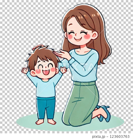 A simple and cute illustration of a boy who is happy to be praised by his mother 123603763