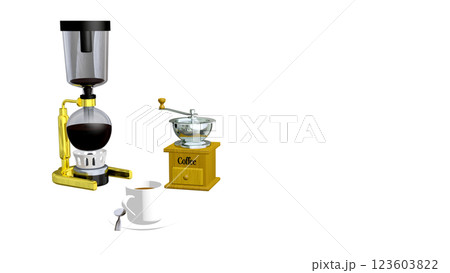 サイフォン式コーヒーと器具がある風景(背景は透明です) サイフォン式コーヒーと器具がある風景(背景は透明です) 123603822