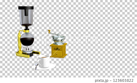 サイフォン式コーヒーと器具がある風景(背景は透明です) サイフォン式コーヒーと器具がある風景(背景は透明です) 123603822