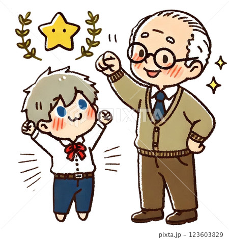 学校の先生にほめられて喜んでいる男の子のシンプルでかわいいイラスト 123603829