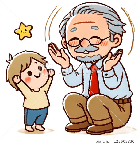 学校の先生にほめられて喜んでいる男の子のシンプルでかわいいイラスト 123603830