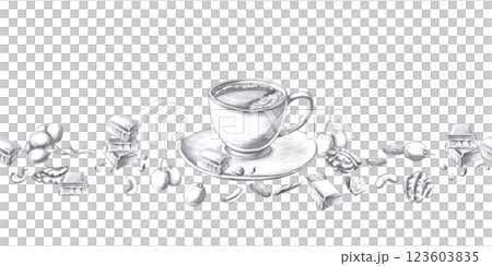 Seamless border with cup of coffee, chocolate and grapes. Isolated pencil illustration on food theme for restaurant interior design, menu, culinary magazines. Seamless border with cup of coffee, chocolate and grapes. Isolated pencil illustration on food theme for restaurant interior design, menu, culinary magazines. 123603835