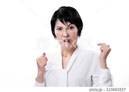 口元をゆがめ非常に怒っている中年女性 123603837