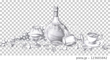 Seamless border with cognac glasses, bottle and grapes. Isolated pencil illustration on alcohol theme for restaurant interior design, menu, culinary magazines Seamless border with cognac glasses, bottle and grapes. Isolated pencil illustration on alcohol theme for restaurant interior design, menu, culinary magazines 123603842