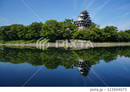 五月晴れの青空を背景に旭川右岸から見た岡山城天守閣のシンメトリー　Ver1 123604073