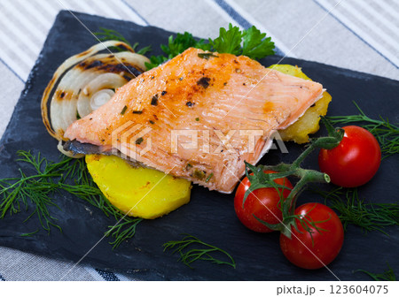 Slate with tender trout fillet, potatoes 123604075