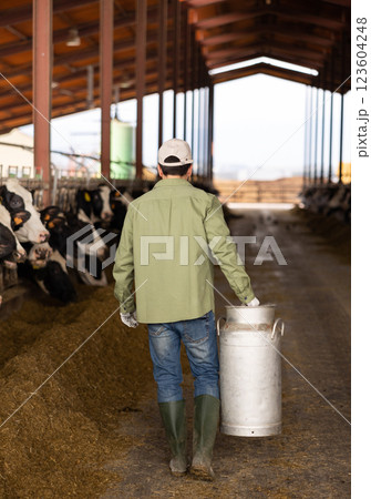 Rear view of farmer carrying milk churn along stalls with cows 123604248