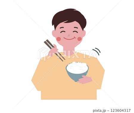 ご飯を美味しそうに食べる男性。茶碗、箸。ベクターイラスト	 123604317
