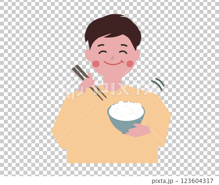 一名男子津津有味地吃著米飯。飯碗，筷子。向量插圖 123604317