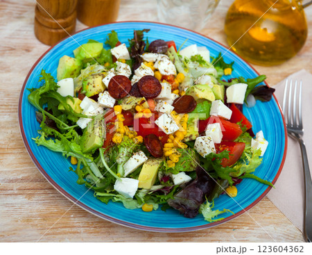 Fresh vegetable salad with mozzarella and sausages Fresh vegetable salad with mozzarella and sausages 123604362