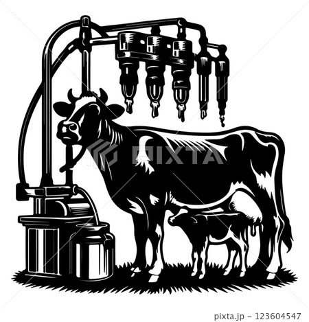 Cow with a milking machine black vector illustration 123604547