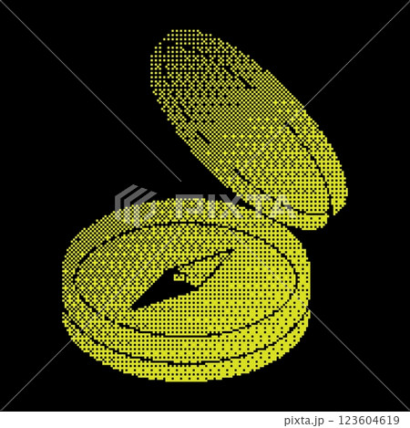 Pixel magnetic compass silhouette icon. Compass with arrow and scale. Travel, device for determining location and direction of tourist. Simple black and yellow vector isolated on black Pixel magnetic compass silhouette icon. Compass with arrow and scale. Travel, device for determining location and direction of tourist. Simple black and yellow vector isolated on black 123604619