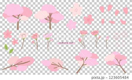 可愛的簡單手繪插圖集，有櫻花、櫻花樹和花瓣，有紋理 123605484