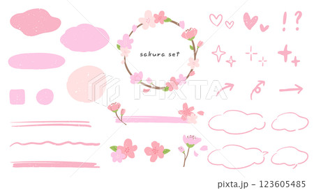 桜と春をイメージした手描きの装飾や飾り罫、あしらい、かわいいイラストセット 123605485