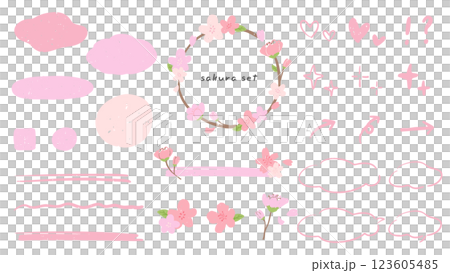 桜と春をイメージした手描きの装飾や飾り罫、あしらい、かわいいイラストセット 123605485