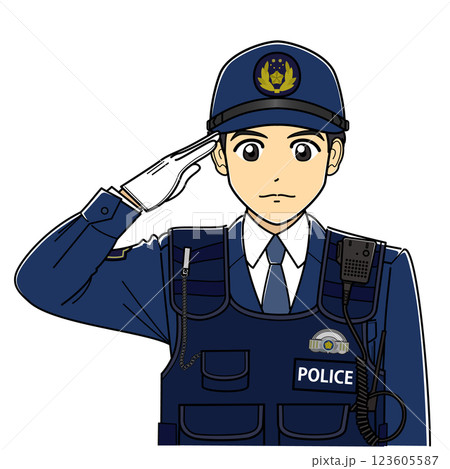 敬礼する防刃ベストを着た活動服の男性警察官 123605587