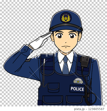 敬礼する防刃ベストを着た活動服の男性警察官 123605587