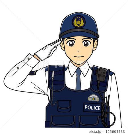 敬礼する防刃ベストを着た白ワイシャツの男性警察官 敬礼する防刃ベストを着た白ワイシャツの男性警察官 123605588