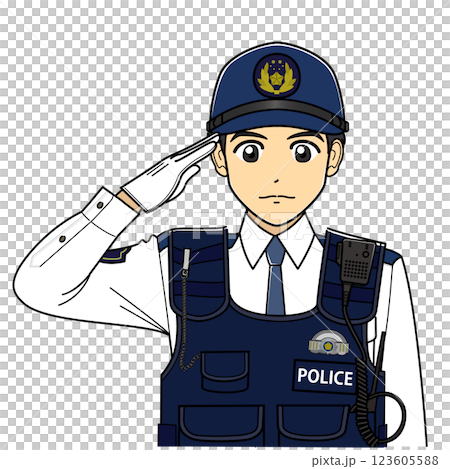 敬礼する防刃ベストを着た白ワイシャツの男性警察官のイラスト素材