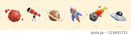 3d space planets mars and saturn, telescope, rocket, ufo alien spaceship and meteor icon. Cartoon render set of shuttle, flying saucer, meteorite with fire, isolated cosmic objects. 3D illustration 3d space planets mars and saturn, telescope, rocket, ufo alien spaceship and meteor icon. Cartoon render set of shuttle, flying saucer, meteorite with fire, isolated cosmic objects. 3D illustration 123605751