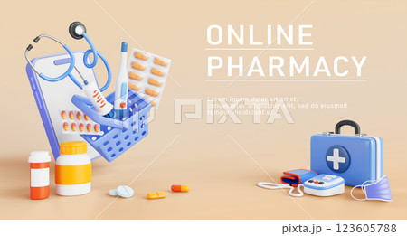 Online pharmacy 3d banner. Smartphone with app for order medicine in internet. Mobile drugstore service with basket of medical pills, syringe, thermometer, tonometer, first aid kit. 3D illustration 123605788