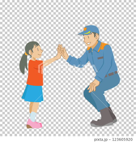 消防士とハイタッチする少女 消防士とハイタッチする少女 123605920