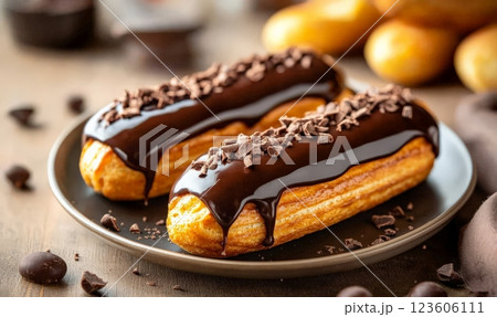 Eclairs with chocolate glazing on a plate. Light rustic background. French traditional dessert 123606111