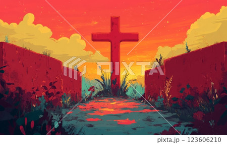 Cross on the hill - symbol of crucifixion of Jesus Christ. On beautiful sunset background. Cross on the hill - symbol of crucifixion of Jesus Christ. On beautiful sunset background. 123606210
