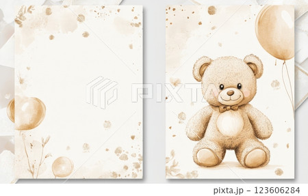 Invitation template with florals and flower and cute teddy bear for baby shower or birthday modern invitation. Front and back print template design. 123606284