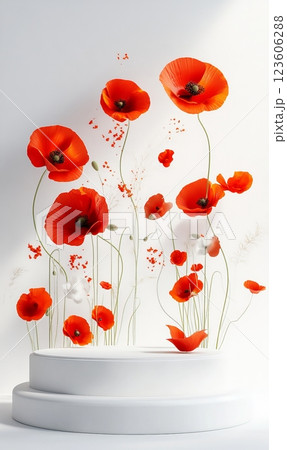 White round podium stage with poppy flowers. 123606288