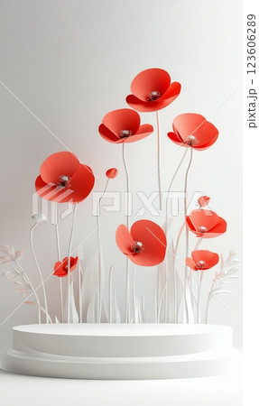 White round podium stage with poppy flowers. 123606289