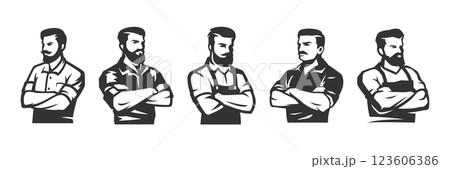 Barbershop man with crossed hands coiffure minimalist icon set vector illustration 123606386