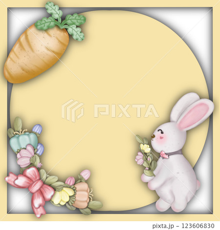 Paper cut  style frame Card with pastel colored Easter rabbit and egg hand drawn. Square frame with a pastel flowers and Easter egg patterns on card. 123606830