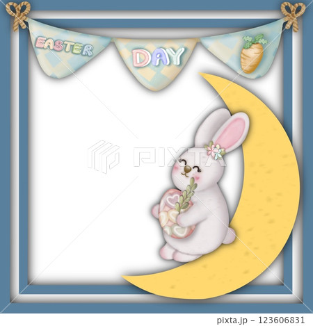 Paper cut style frame Card with pastel colored Easter rabbit and egg hand drawn. Square frame with a pastel flowers and Easter egg patterns on card. Paper cut style frame Card with pastel colored Easter rabbit and egg hand drawn. Square frame with a pastel flowers and Easter egg patterns on card. 123606831