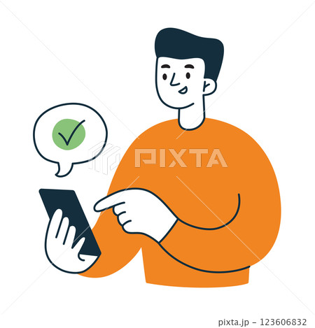 Vector illustration of person using smartphone, man tapping button, green checkmark in message. Confirmation, approval, successful transaction, task completion, authentication icon for UI UX design 123606832