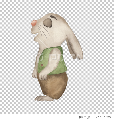 Watercolor illustration of a cute rabbit in vintage clothes. The bunny wears a green vest and brown pants, with a peaceful, dreamy expression. Perfect for Easter designs, children's books, and decor. 123606869