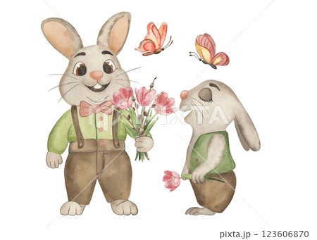 Two cute Easter bunnies in vintage clothes, holding flowers in their paws, delicate pink tulips, soft green, earthy tones, butterflies. Watercolor illustration painted with watercolors. For postcards. 123606870