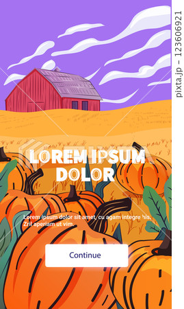 Pumpkin patch autumn scene with barn. Orange pumpkins in foreground field barn in background purple sky stylized clouds mobile app design 123606921