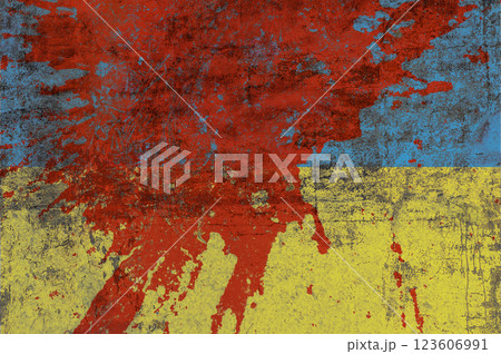 Dirty Ukrainian flag with blood. Ukrainian flag painted on a cracked wall. Distressed flag of Ukraine. 123606991