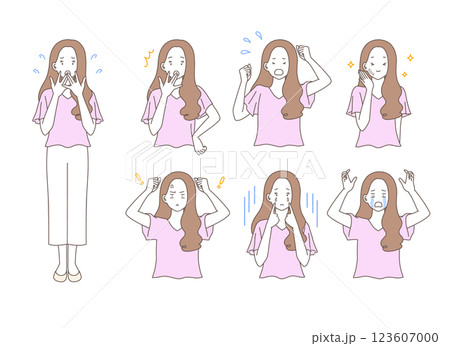 様々なポーズをとる女性のイラストセット 123607000