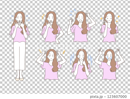 様々なポーズをとる女性のイラストセット 123607000