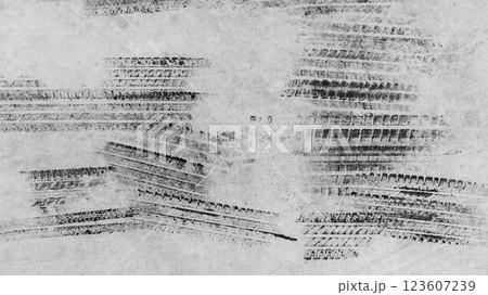 Black tire marks on road, Black rubber tire marks and tread marks, Tire trace track wheels texture and background, Auto tire tread grunge, Car wheel tyre tread track black tyre print, Top view. 123607239